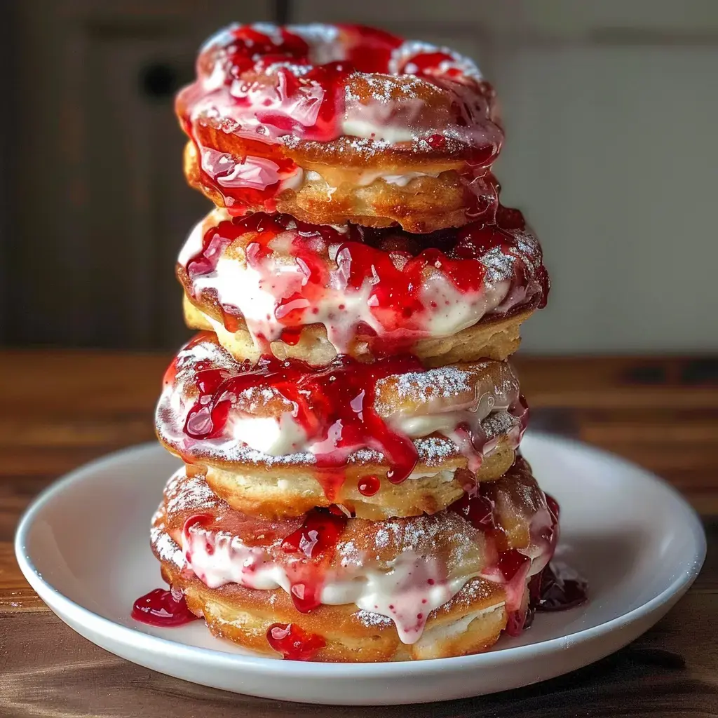 Quatre beignets empilés, garnis de crème et de coulis de fruits rouges, saupoudrés de sucre glace.