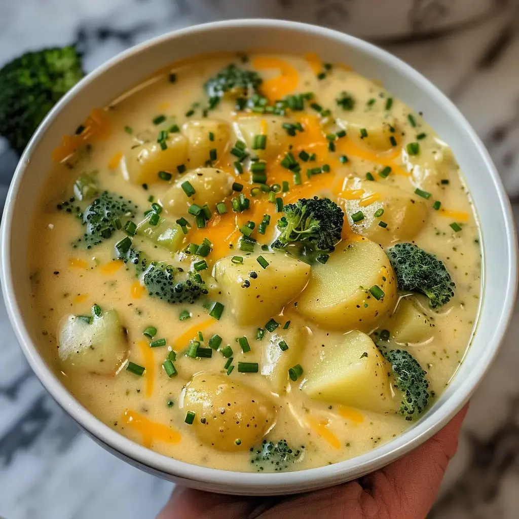 Un bol de soupe crémeuse aux pommes de terre et brocoli, garni de cheddar râpé et de ciboulette.