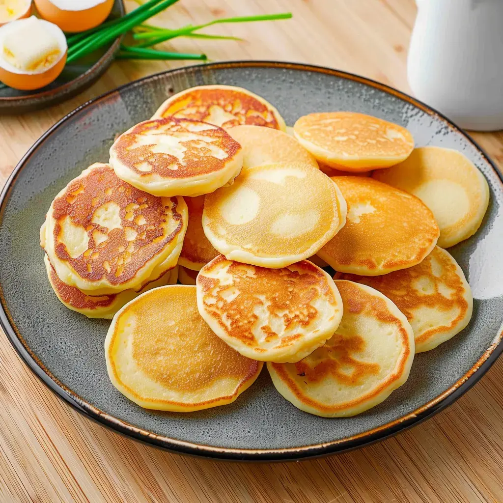 Une assiette de pancakes dorés est présentée sur une table en bois.