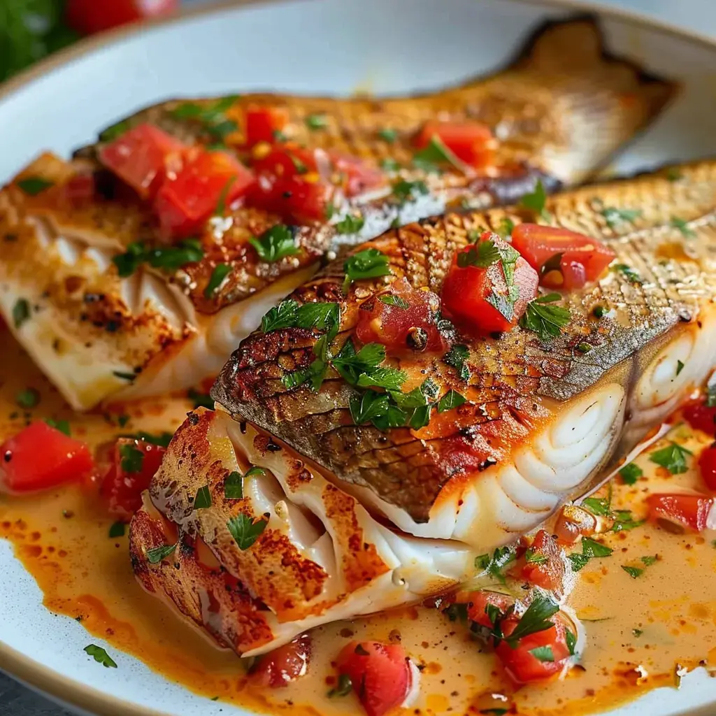 Filets de poisson grillés garnis de tomates et de coriandre sur une assiette.