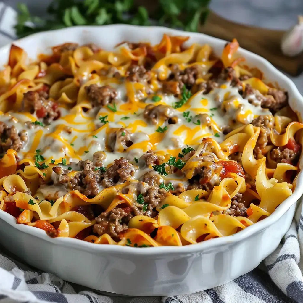 Un plat de pâtes garnies de viande hachée, de sauce tomate et de fromage fondant est présenté dans un plat blanc.