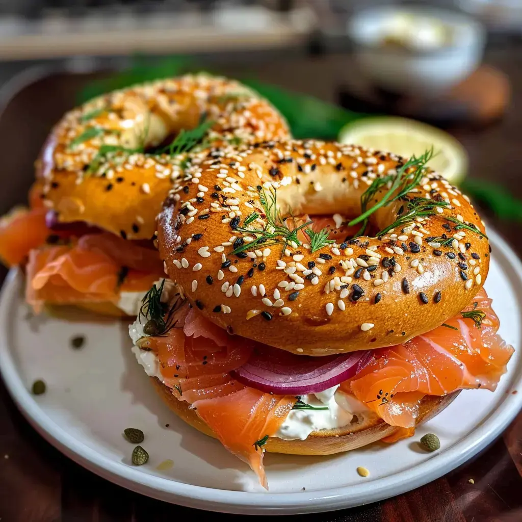 Deux bagels garnis de saumon fumé, crème fraîche, oignons rouges et herbes, servis sur une assiette blanche.