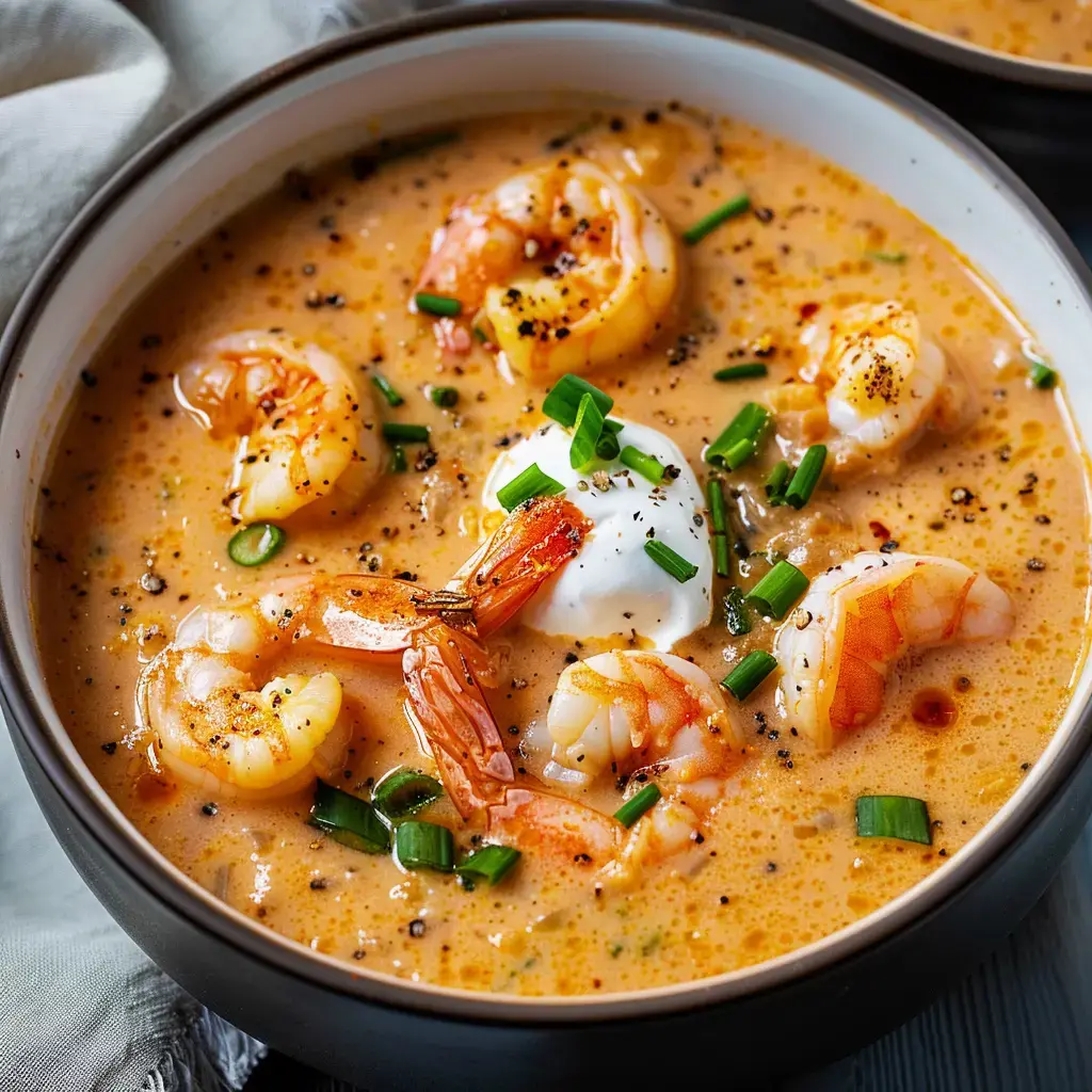 Une soupe crémeuse aux crevettes, garnie d'oignons verts et d'une cuillerée de crème aigre.