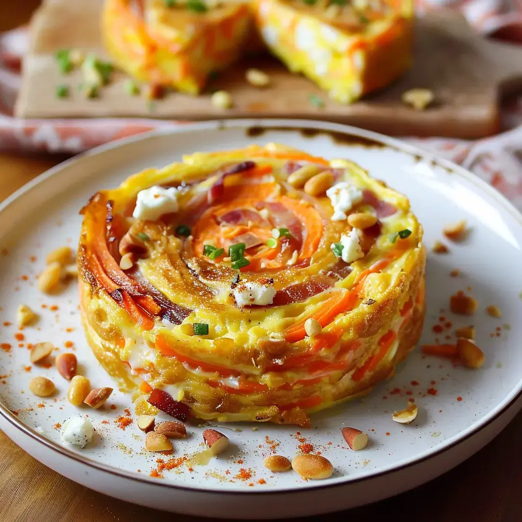 Un plat coloré en spirale à base de légumes, garni de pignons de pin et de fromage, présenté sur une assiette.