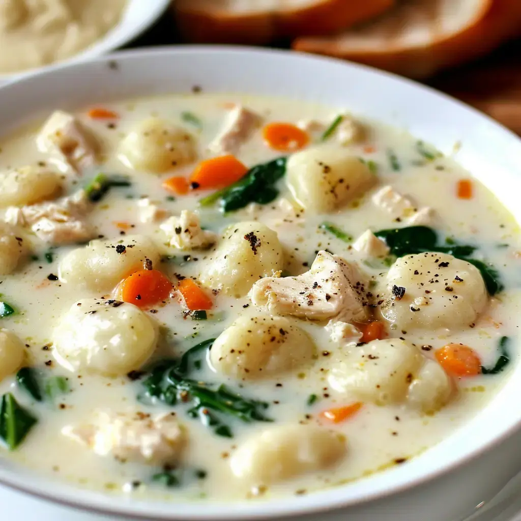 Une assiette de gnocchis dans une soupe crémeuse avec des morceaux de poulet, des carottes et des épinards.