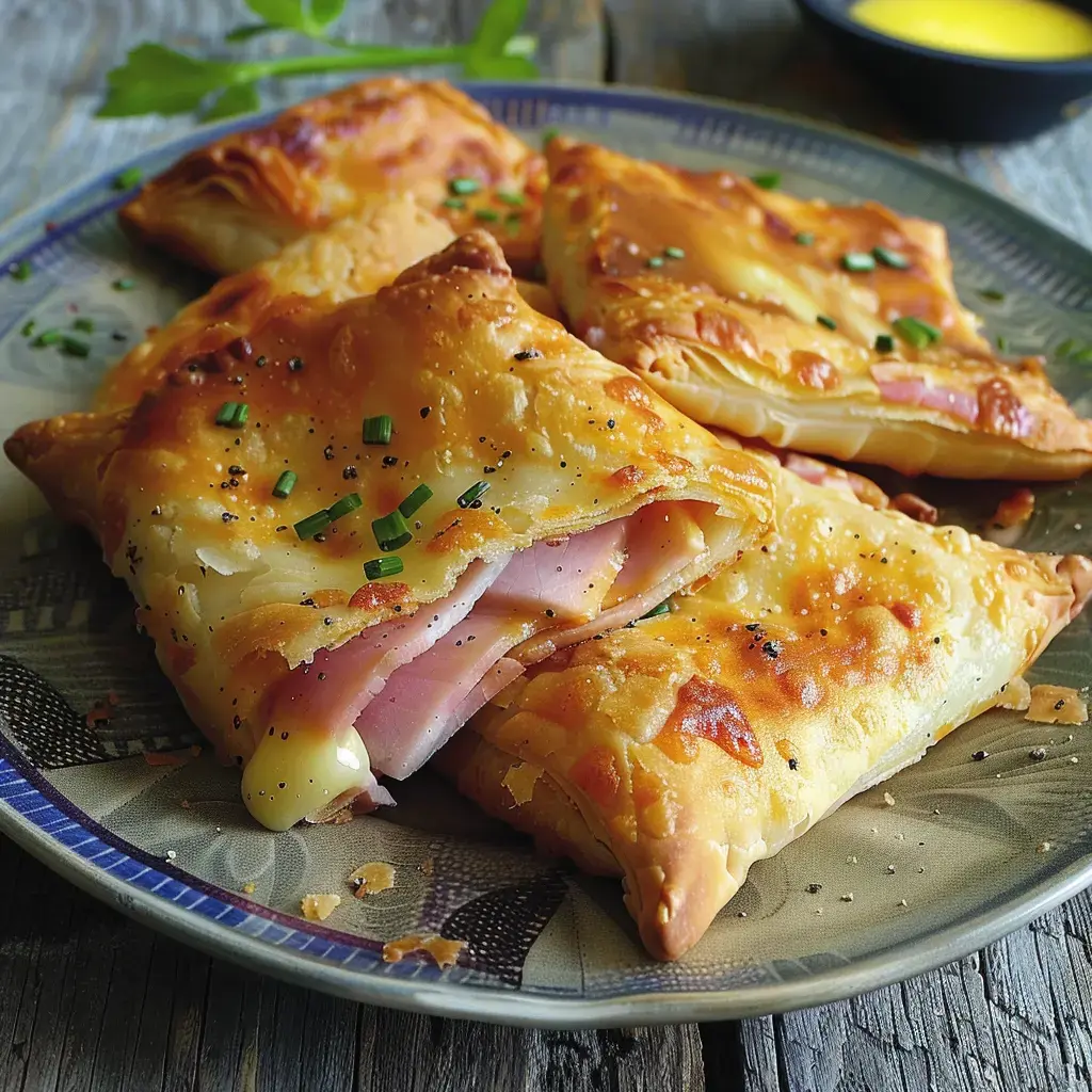 Quatre feuilletés dorés au fromage et au jambon sont présentés sur une assiette, garnis de ciboulette.