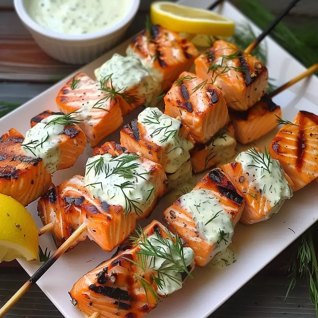 Brochettes de saumon grillé, garnies de sauce à la crème et d'aneth, accompagnées de quartiers de citron.