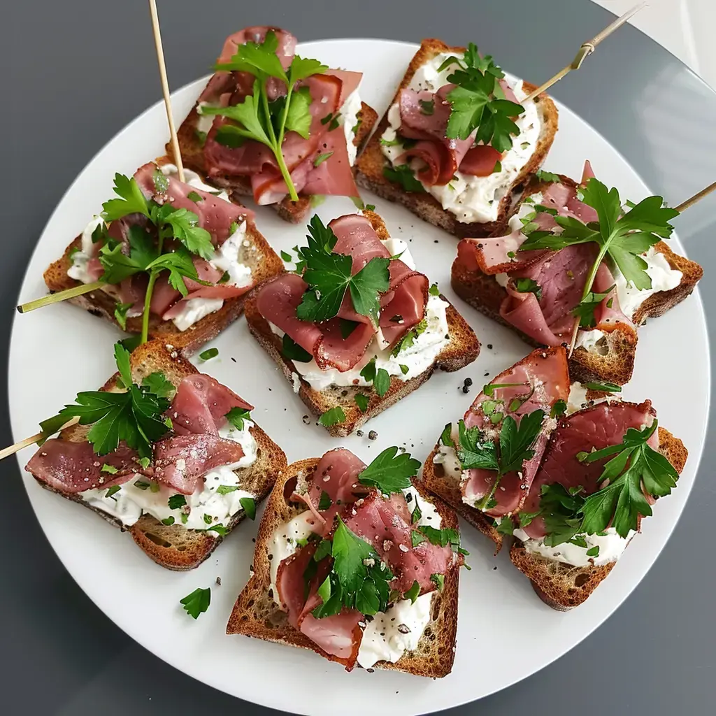 Une assiette de tranches de pain grillé garnies de fromage et de viande froide, décorées de feuilles de persil.