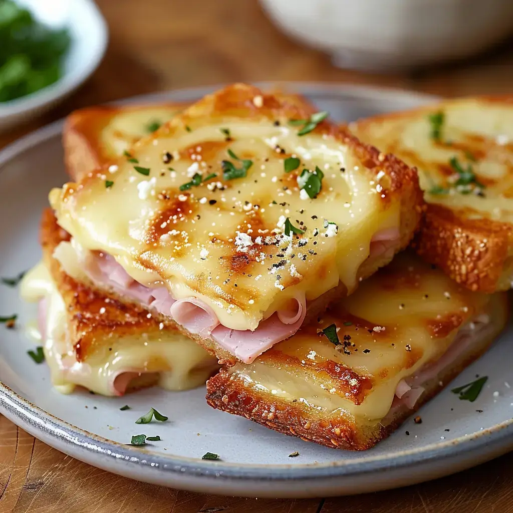 Des tranches de pain doré au fromage et au jambon, garnies de persil, sont servies sur une assiette.