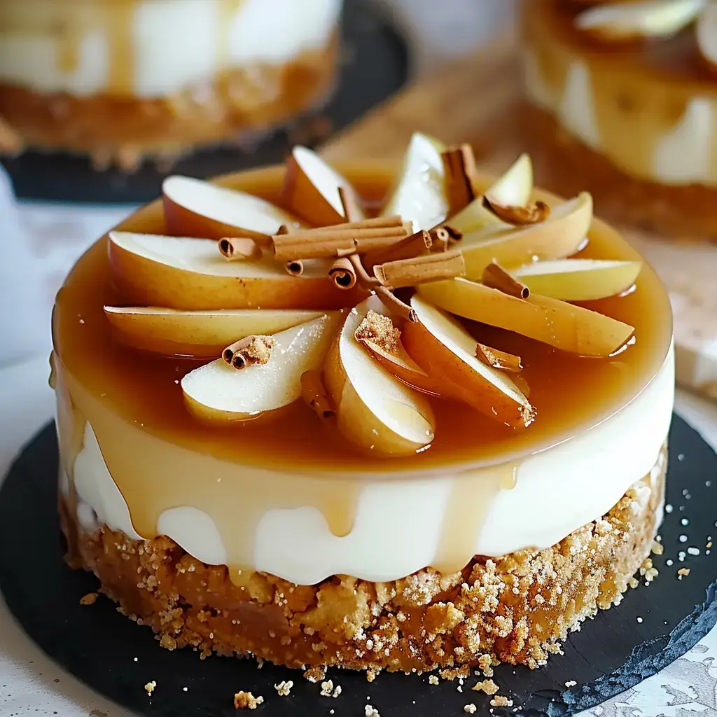 Gâteau au caramel décoré de quartiers de poire et de cannelle sur un fond en biscuits.