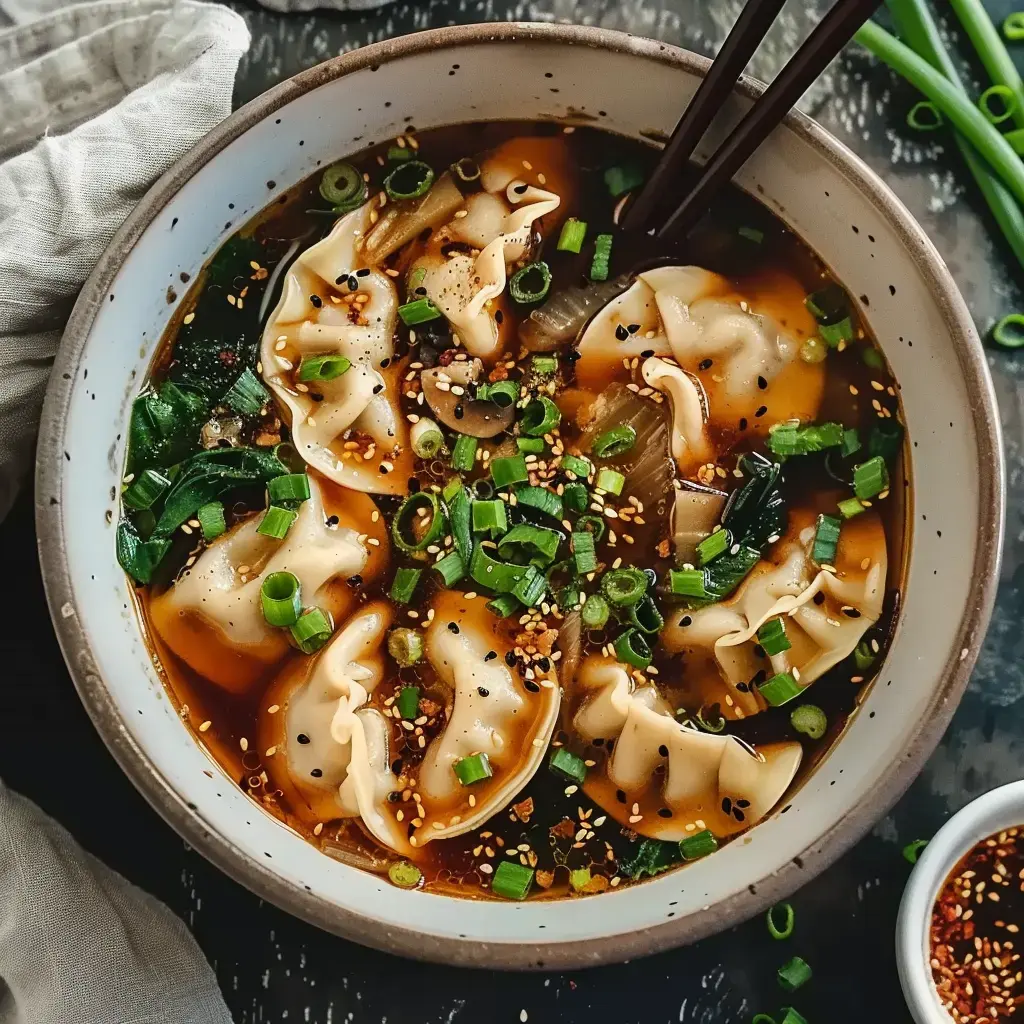 Un bol de soupe avec des raviolis, des oignons verts, des graines de sésame et des légumes dans un bouillon savoureux.