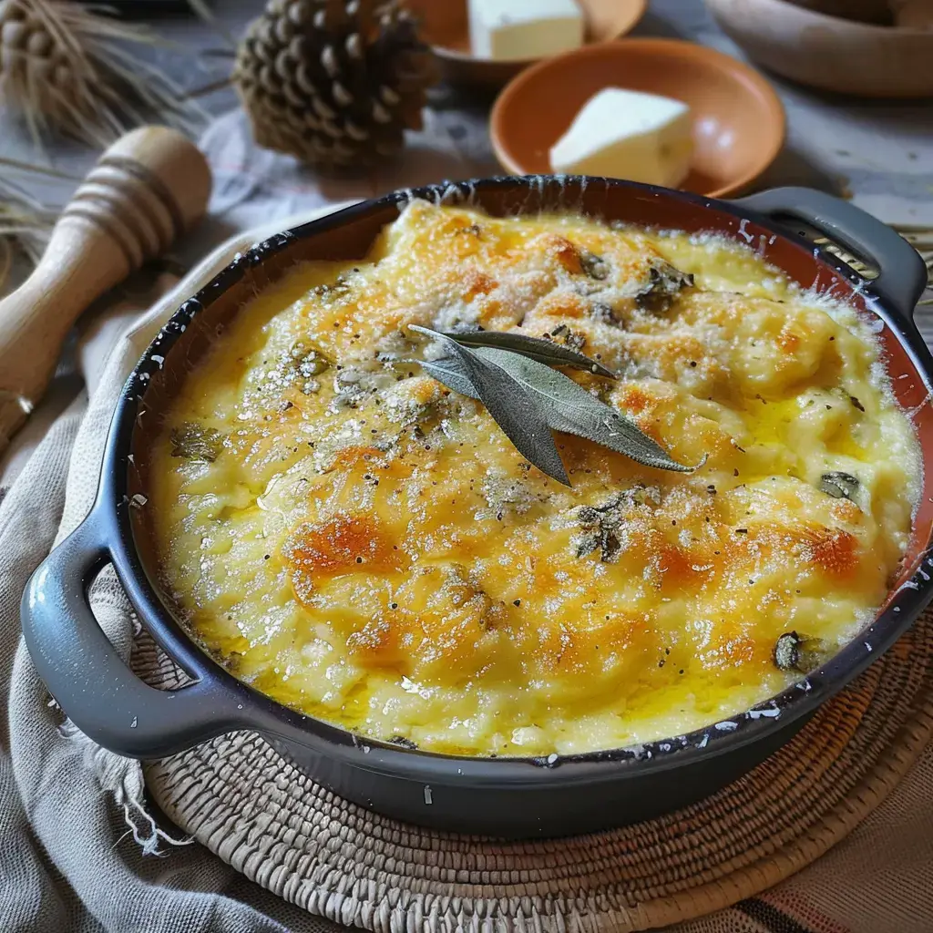 Gratin de pommes de terre au fromage, doré et garni de feuilles de sauge, servi dans un plat en céramique.