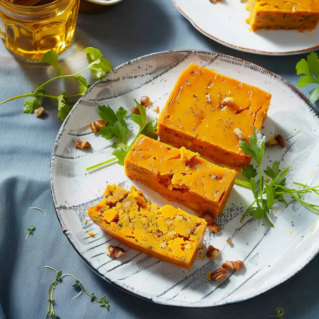 Des morceaux de pâté orange, garnis de noix et décorés de feuilles de persil, sont présentés sur une assiette.