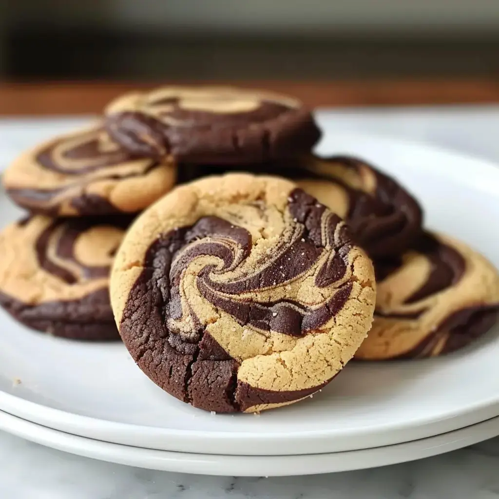 Des biscuits en spirale au chocolat et à la vanille empilés sur une assiette.