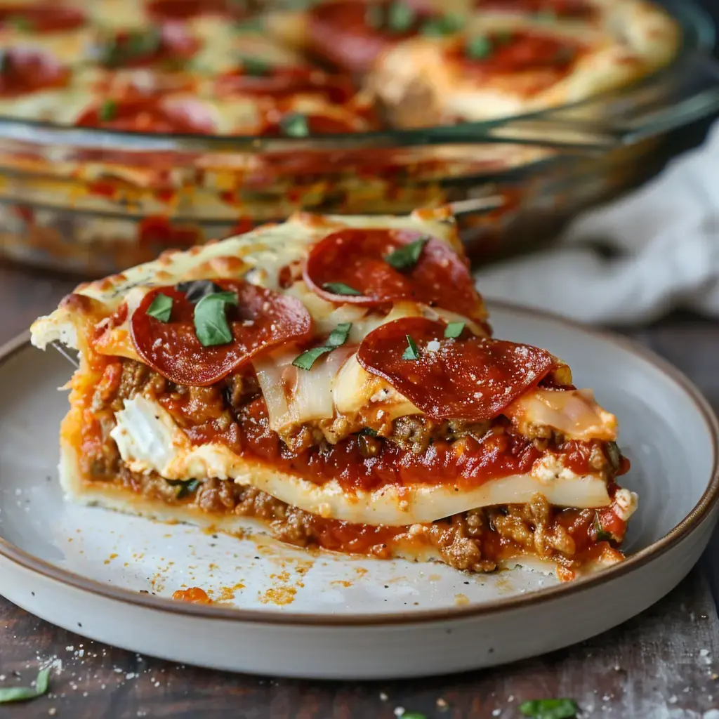 Une part de lasagne garnie de viande hachée, pepperoni et fromage, présentée sur une assiette avec un plat de lasagne en arrière-plan.