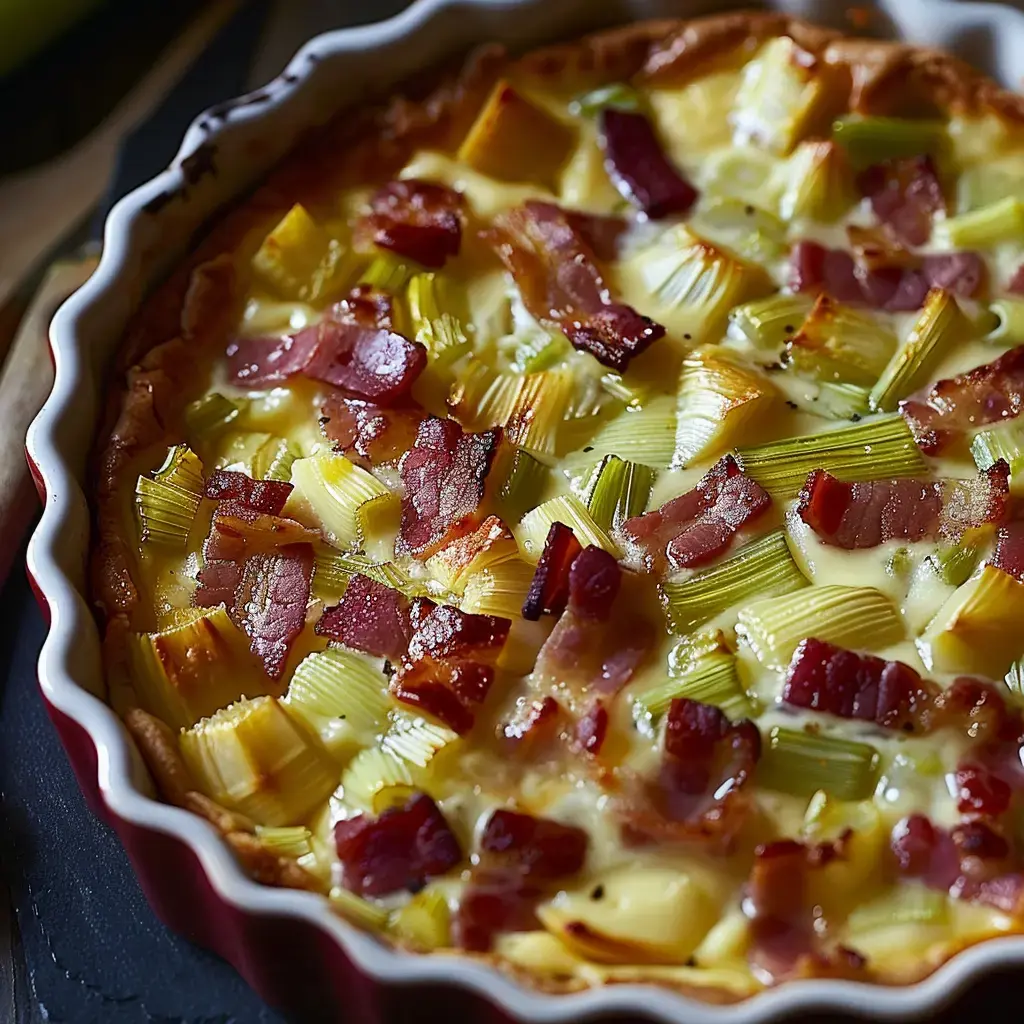 Tarte salée garnie de poireaux et de lardons.