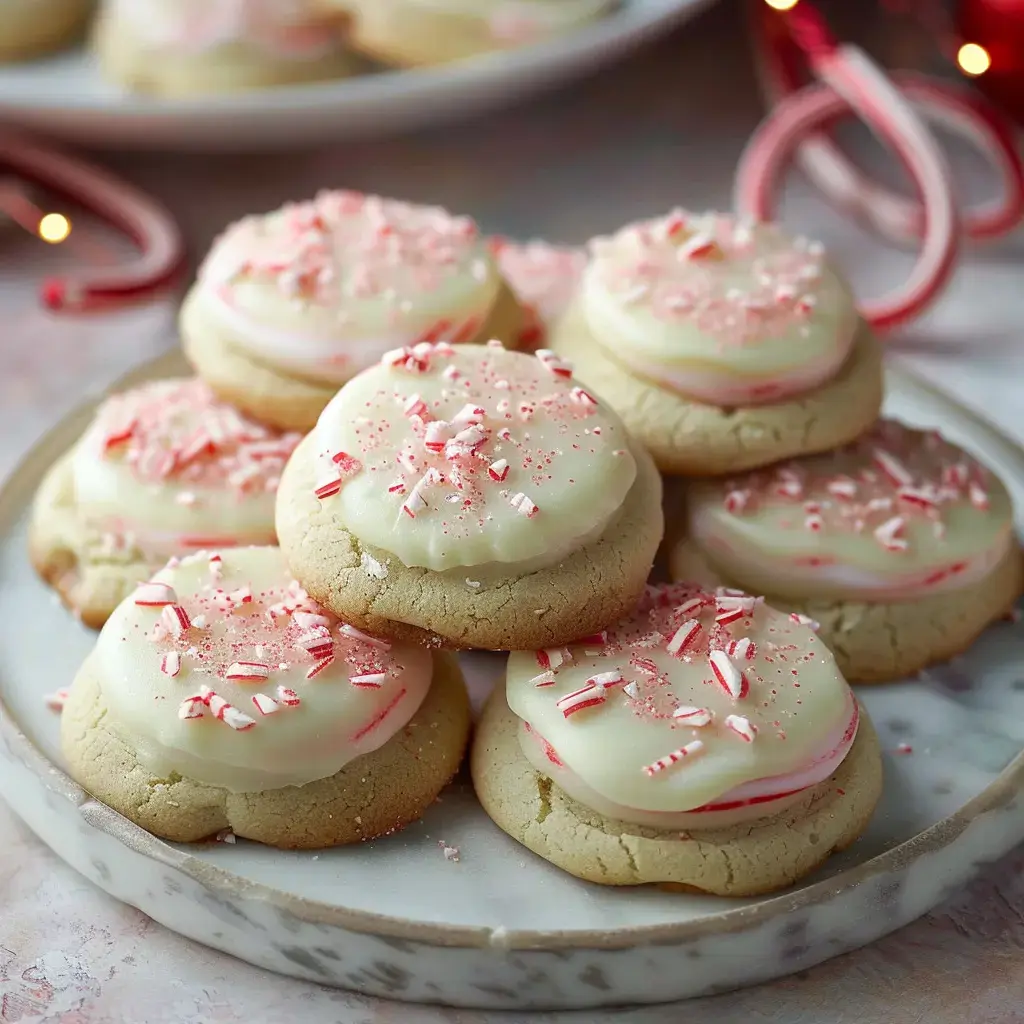 Des biscuits de Noël recouverts de glaçage blanc et de morceaux de menthe poivrée, disposés sur une assiette.