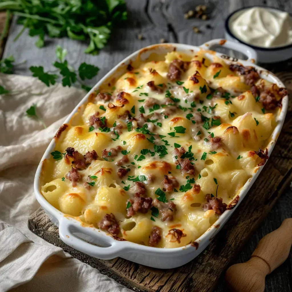 Un plat de pâtes gratinées avec de la viande hachée et de la sauce crémeuse, garni de persil frais.