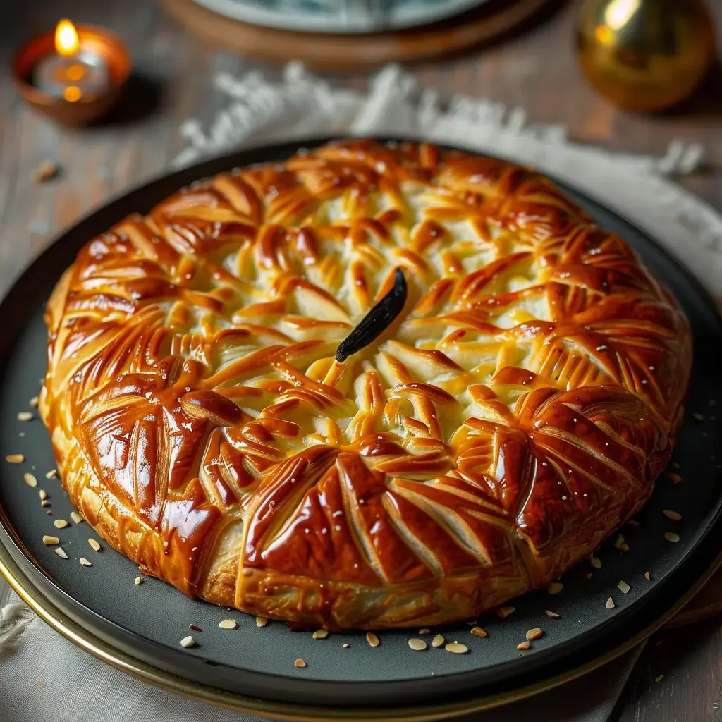 Une tarte dorée, joliment décorée de motifs en forme de feuilles, est présentée sur une assiette noire.