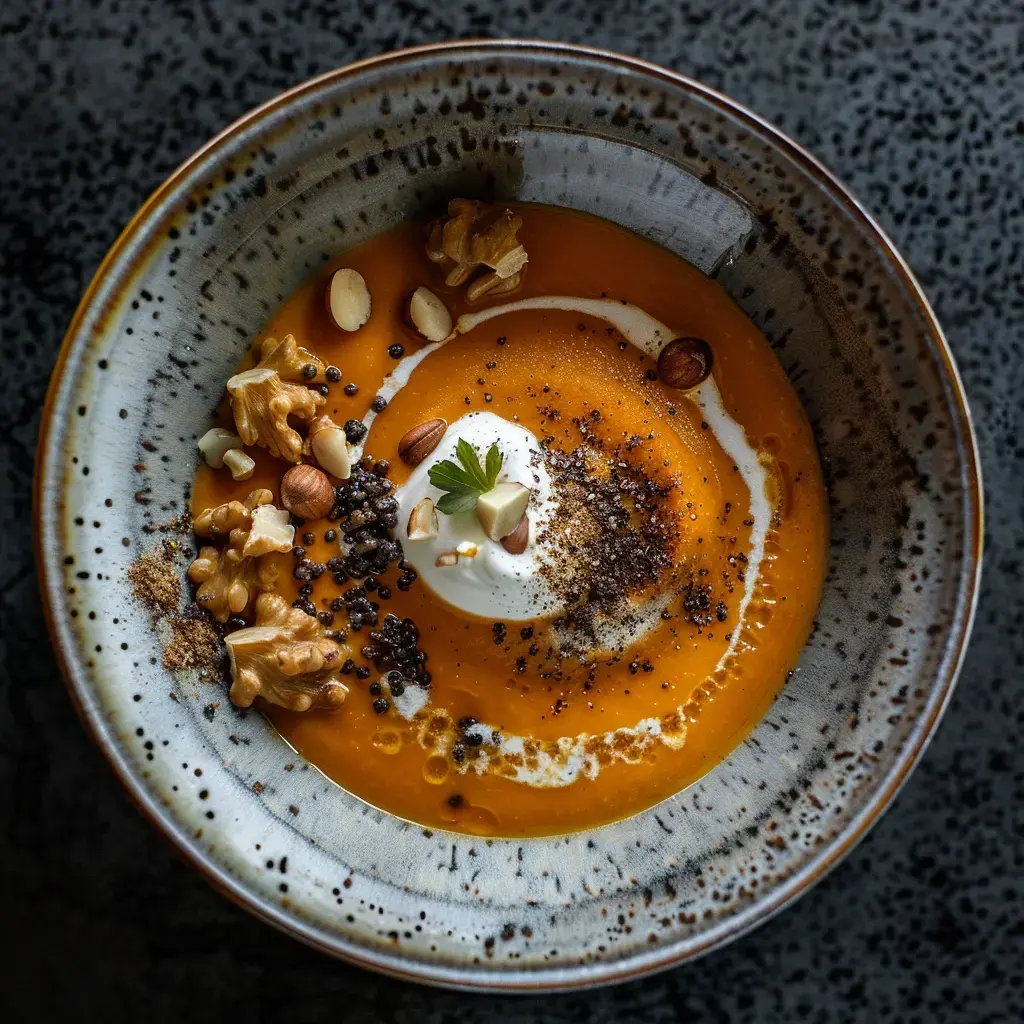 Une soupe crémeuse de couleur orange garnie de crème, de noix et d'épices, servie dans un bol au design artistique.