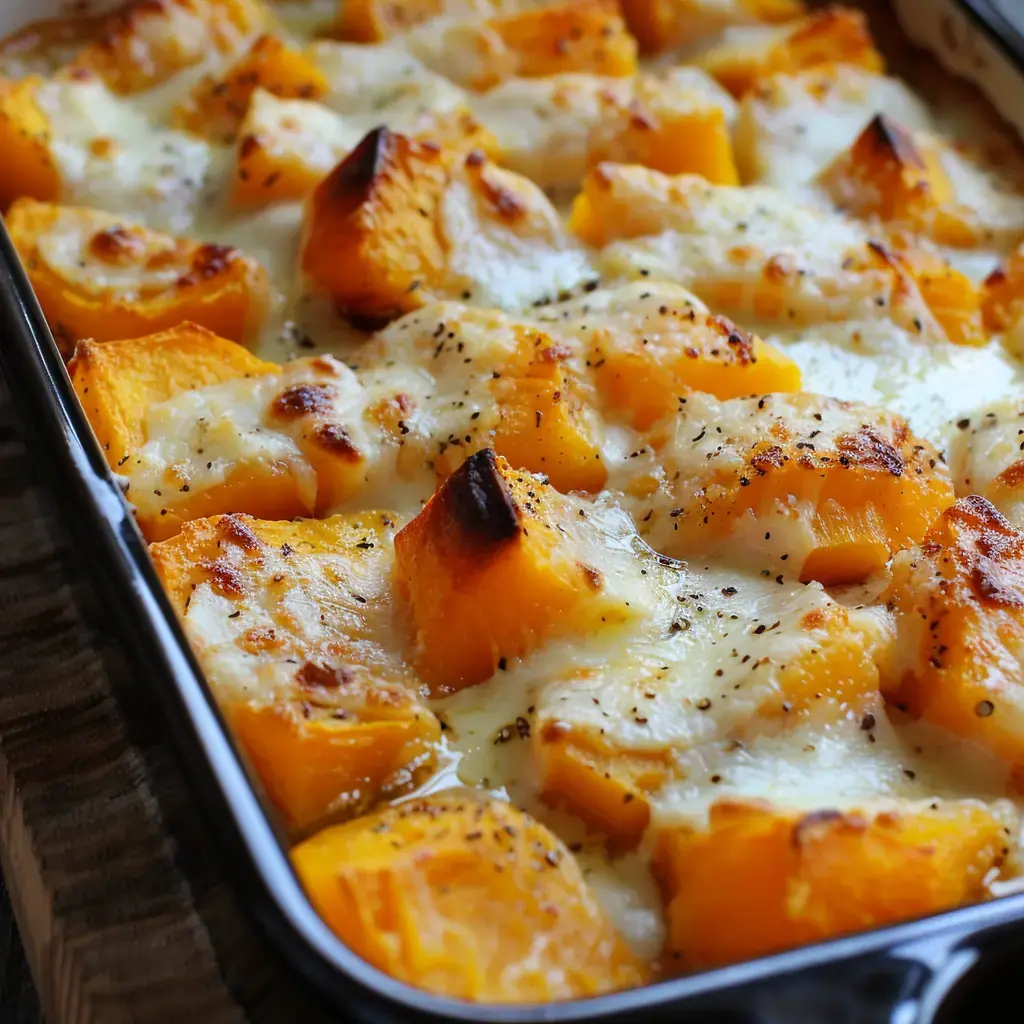 Un gratin de courge doré, garni de fromage fondu et parsemé d'épices.