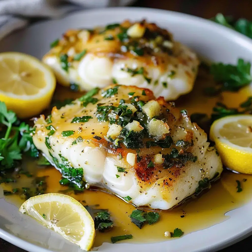 Deux filets de poisson cuisinés, garnis d'herbes et d'un accompagnement de citron sur une assiette.