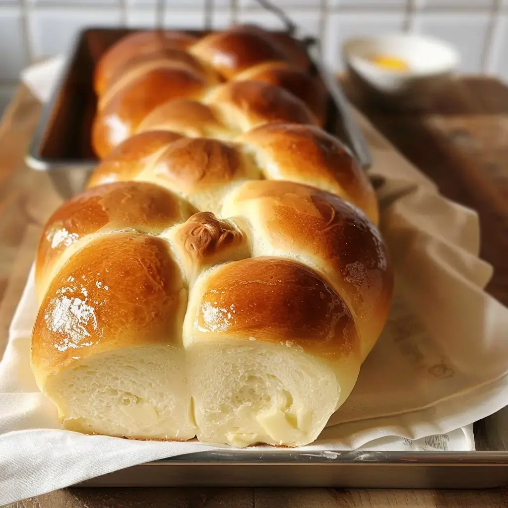 Un pain brioché doré et moelleux est présenté sur une plaque, avec une petite assiette blanche au fond.