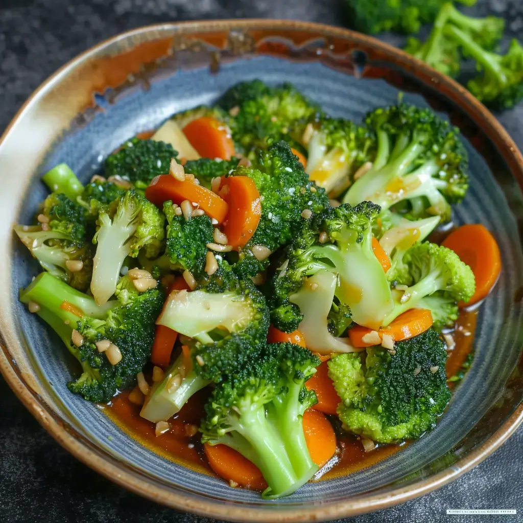 Un plat de brocolis et de carottes dans une sauce, garni de noix.