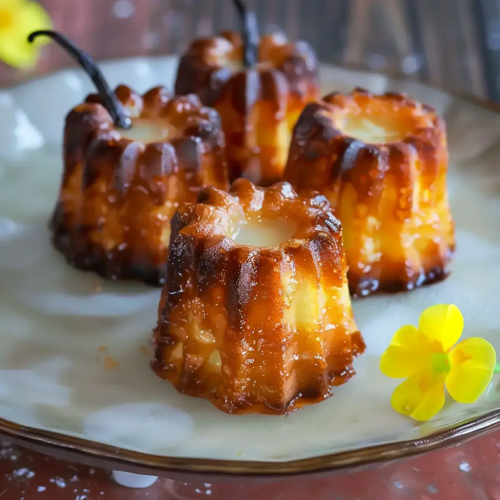 Quatre canelés dorés sont présentés sur une assiette avec une fleur jaune en garniture.