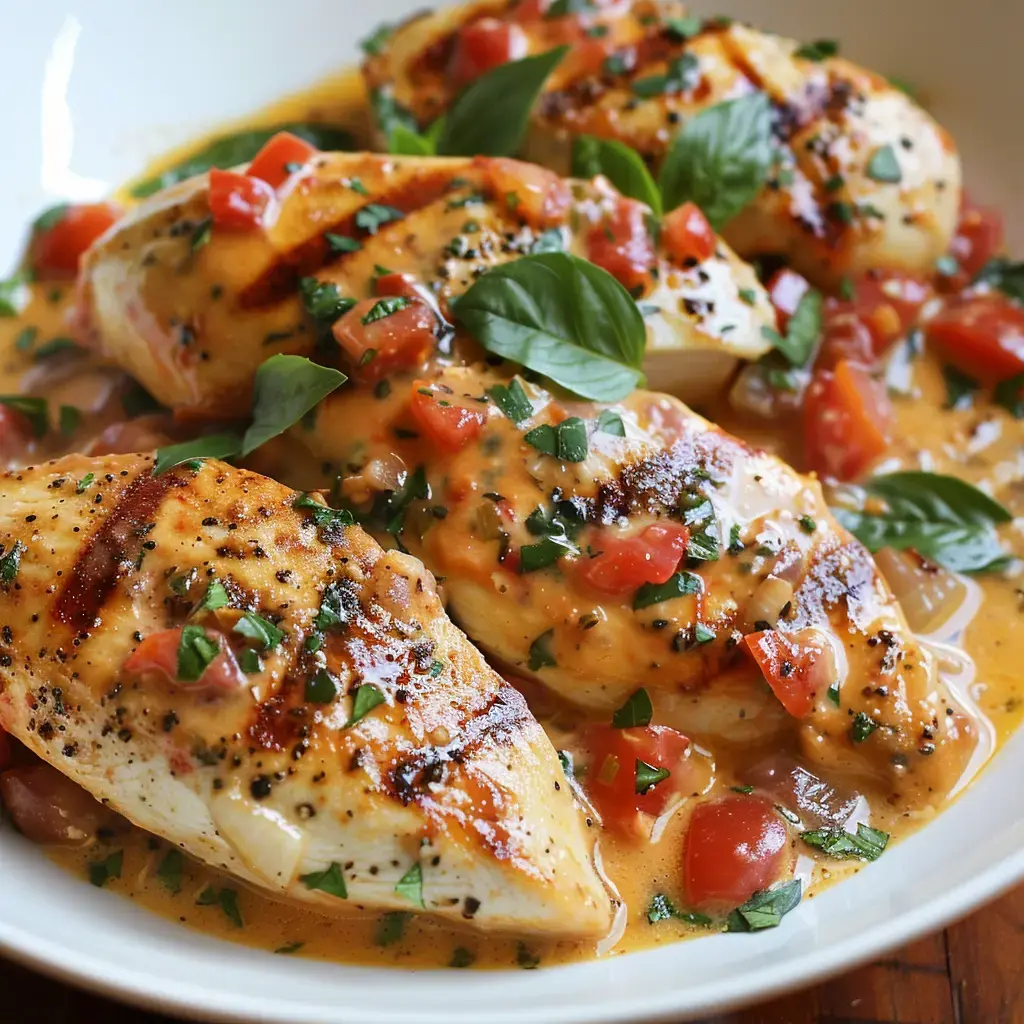 Filets de poulet grillés servies dans une sauce crémeuse avec des tomates et du basilic frais.