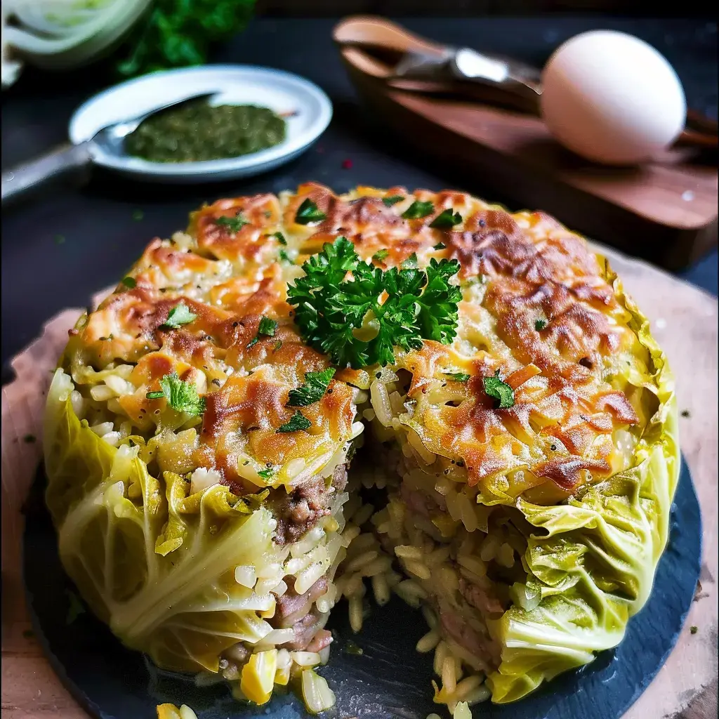 Un plat de riz à la viande, entouré de feuilles de chou, avec une garniture de persil, sur une assiette noire.