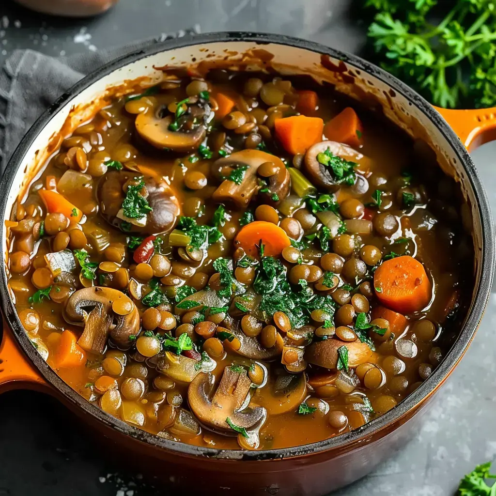 Un ragoût de lentilles aux champignons et carottes, garni de persil frais, dans une cocotte en fonte.