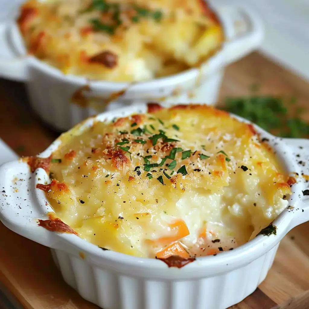 Des gratins crémeux au fromage avec une croûte dorée, garnis de persil, dans des cocottes blanches.