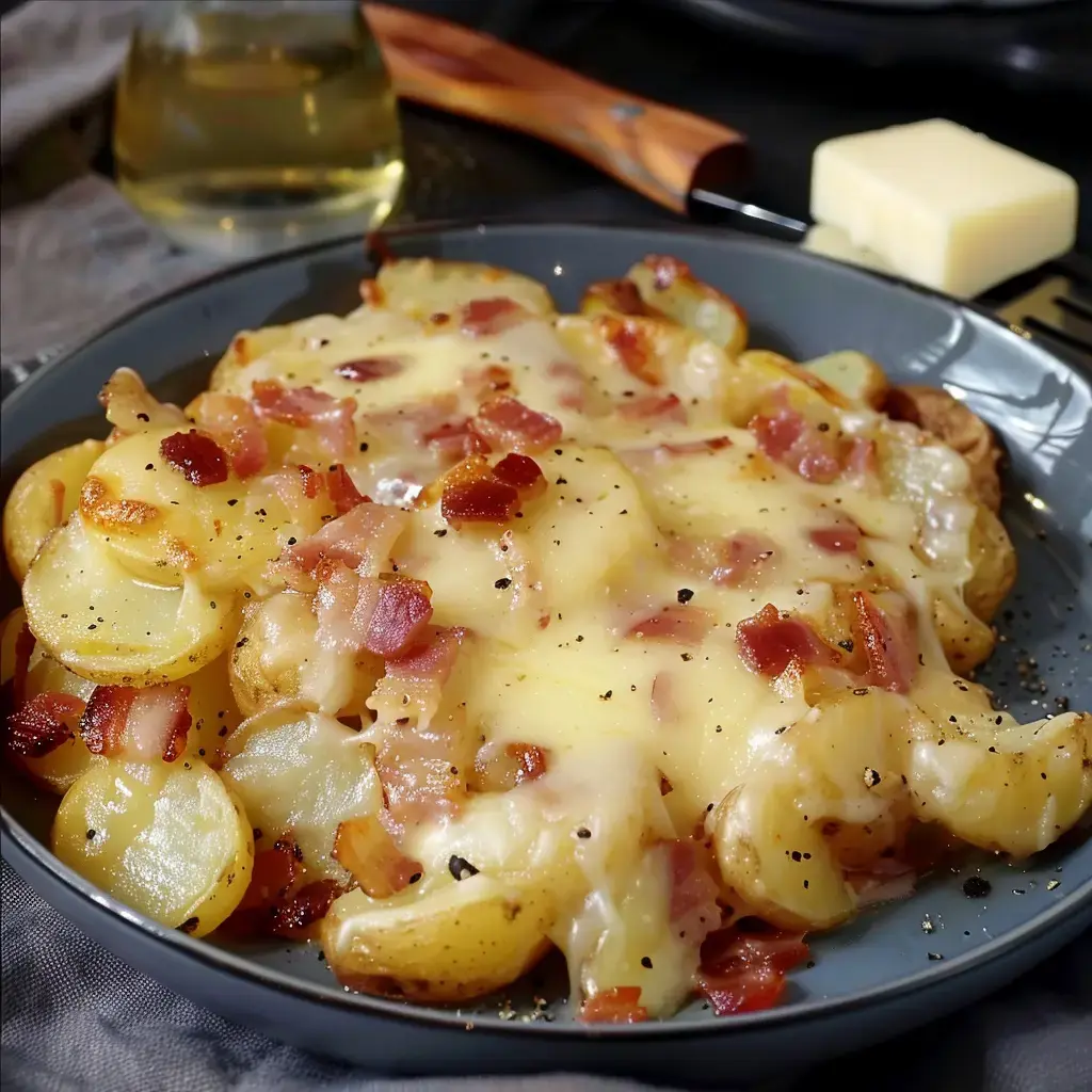 Un plat de pommes de terre garnies de fromage fondu et de lardons croustillants, servi dans une assiette grise.