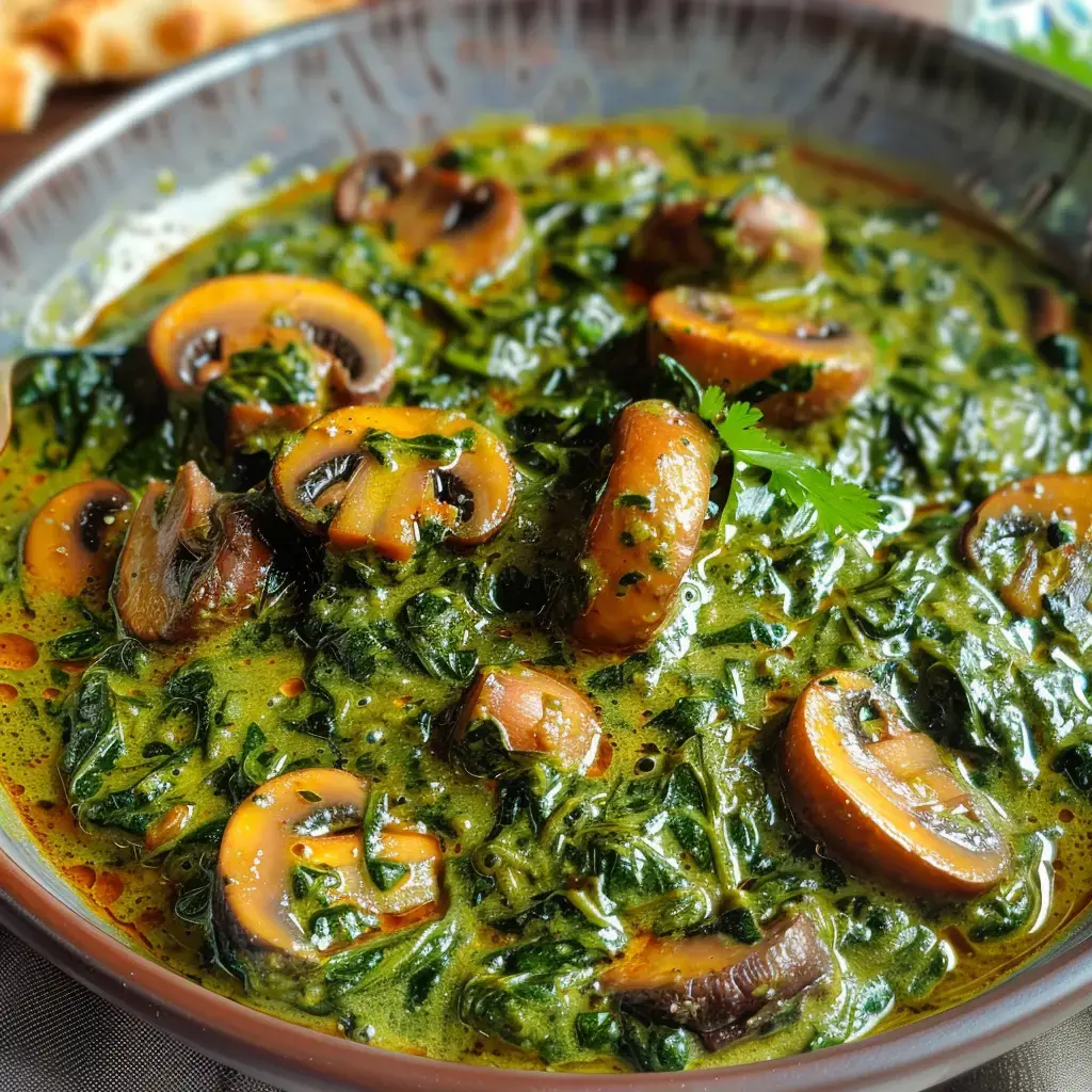 Un plat de champignons cuits dans une sauce verte épicée, garnie de feuilles d'épinard.