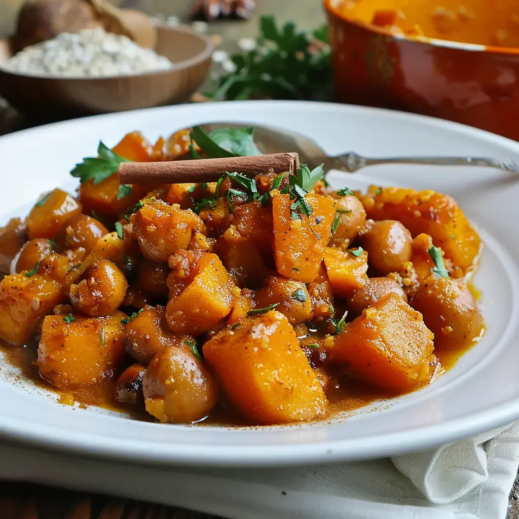 Un plat de courge et de pois chiches assaisonné, décoré d'une cannelle et d'herbes fraîches.