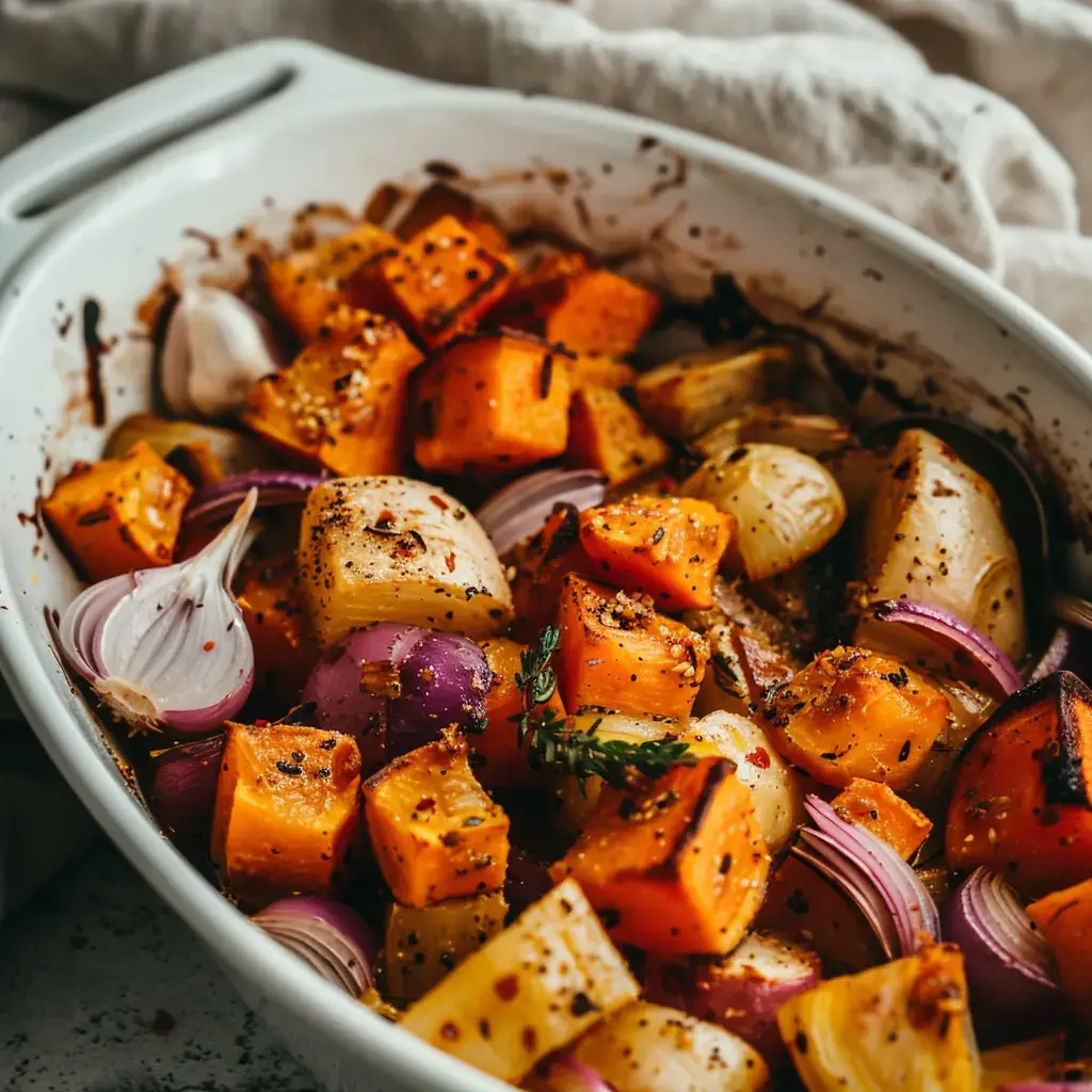 Un plat de légumes rôtis, comprenant des cubes de potiron, des oignons et des éclats d'ail, assaisonné de noix de muscade et de thym.