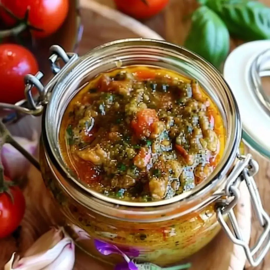 Un pot en verre contient une préparation gastronomique à base de tomates, d'herbes et d'épices, entouré de tomates fraîches et de gousses d'ail.