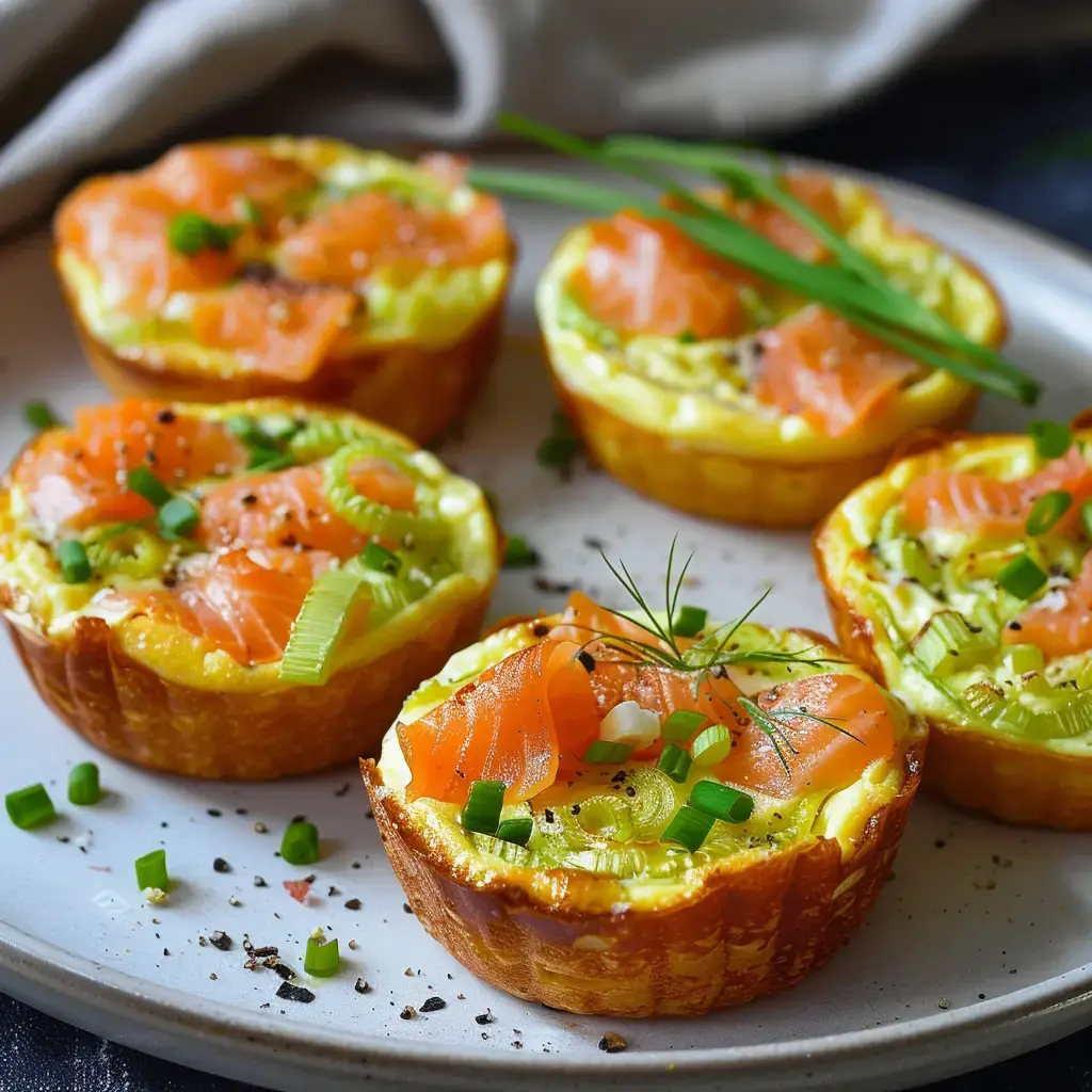 Des tartelettes salées garnies de saumon fumé, d'oignons verts et d'herbes, servies sur une assiette.