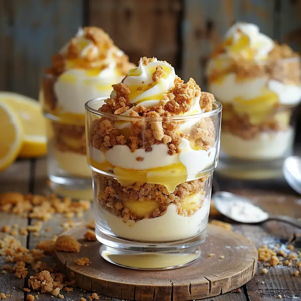 Des coupes de dessert crémeux au citron, garnies de miettes de biscuits et de crème fouettée, sont présentées sur une table en bois.