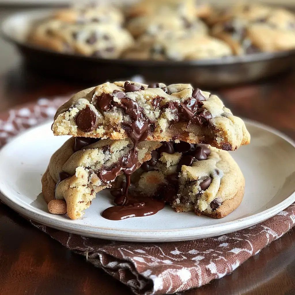 Deux cookies moelleux aux pépites de chocolat, l'un coupé en deux, avec du chocolat fondant qui s'écoule, posés sur une assiette.