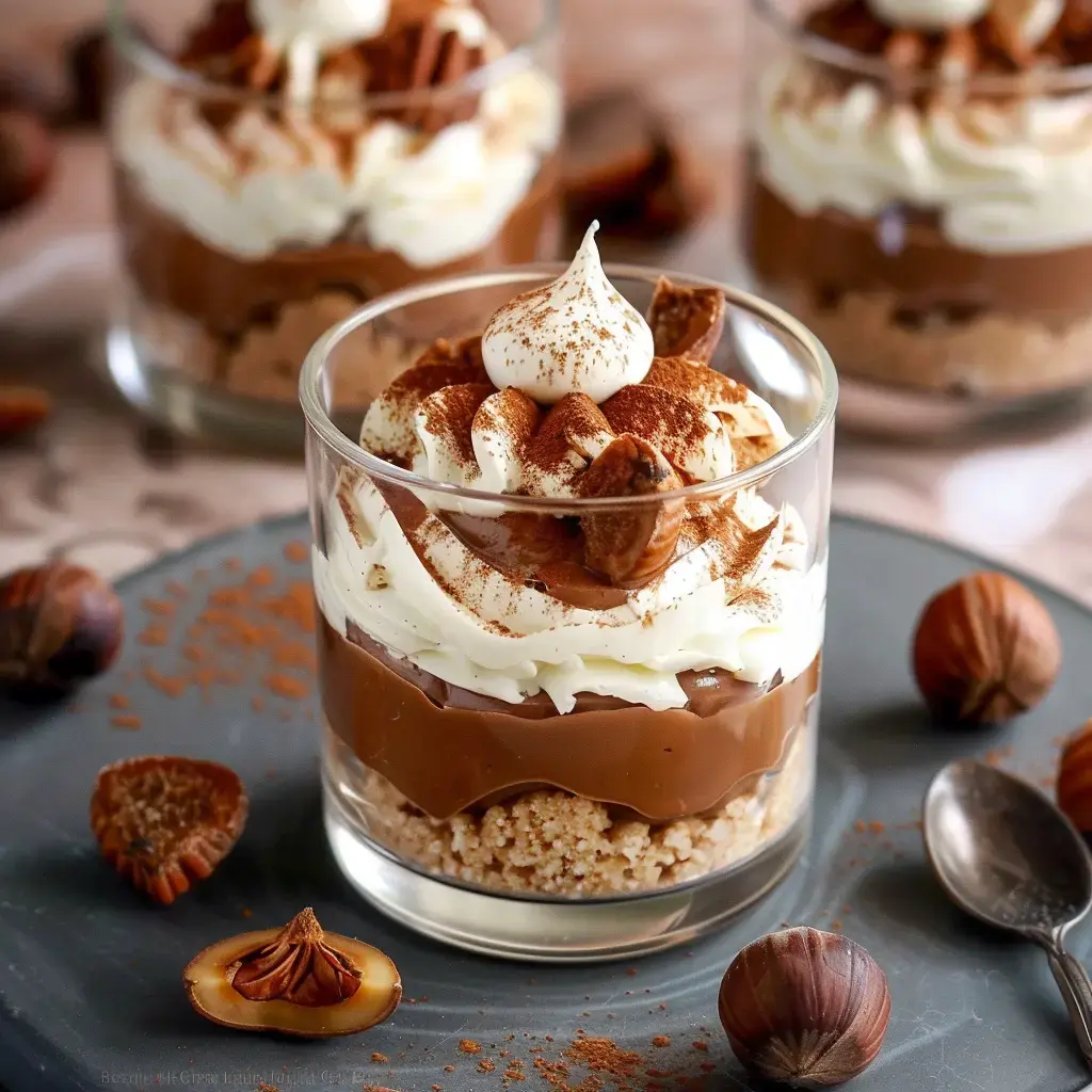 Un dessert en verre composé de couches de crème au chocolat, de chantilly et de morceaux de noisettes, décoré de cacao en poudre.