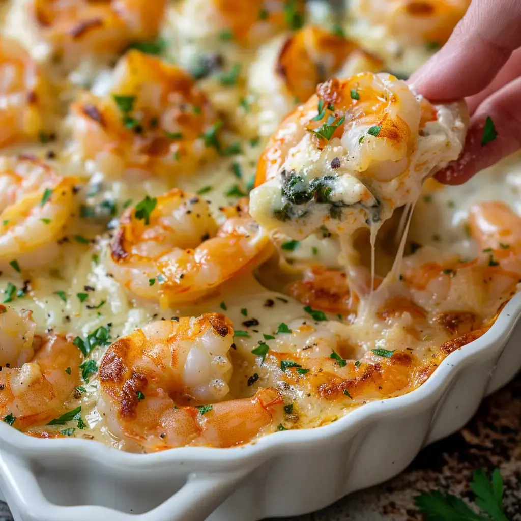 Un plat de crevettes cuites au four, recouvert de fromage fondu et garni de persil, avec une crevette tirée du plat.