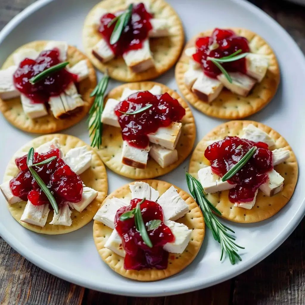 Des crackers garnis de morceaux de poulet, de confiture rouge et de brins de romarin.