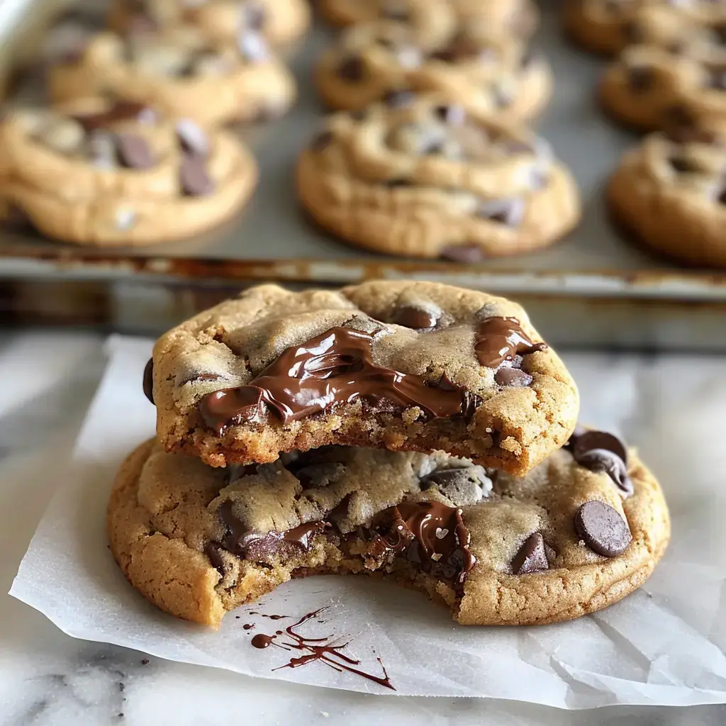 Des biscuits aux pépites de chocolat, moelleux et fondants, sont empilés avec l'un d'eux partiellement mangé, révélant un cœur chocolaté.