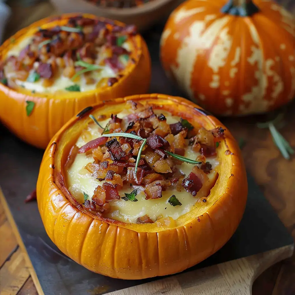 Deux potirons évidés garnis de purée, bacon croustillant et herbes fraîches, sur une planche en bois.