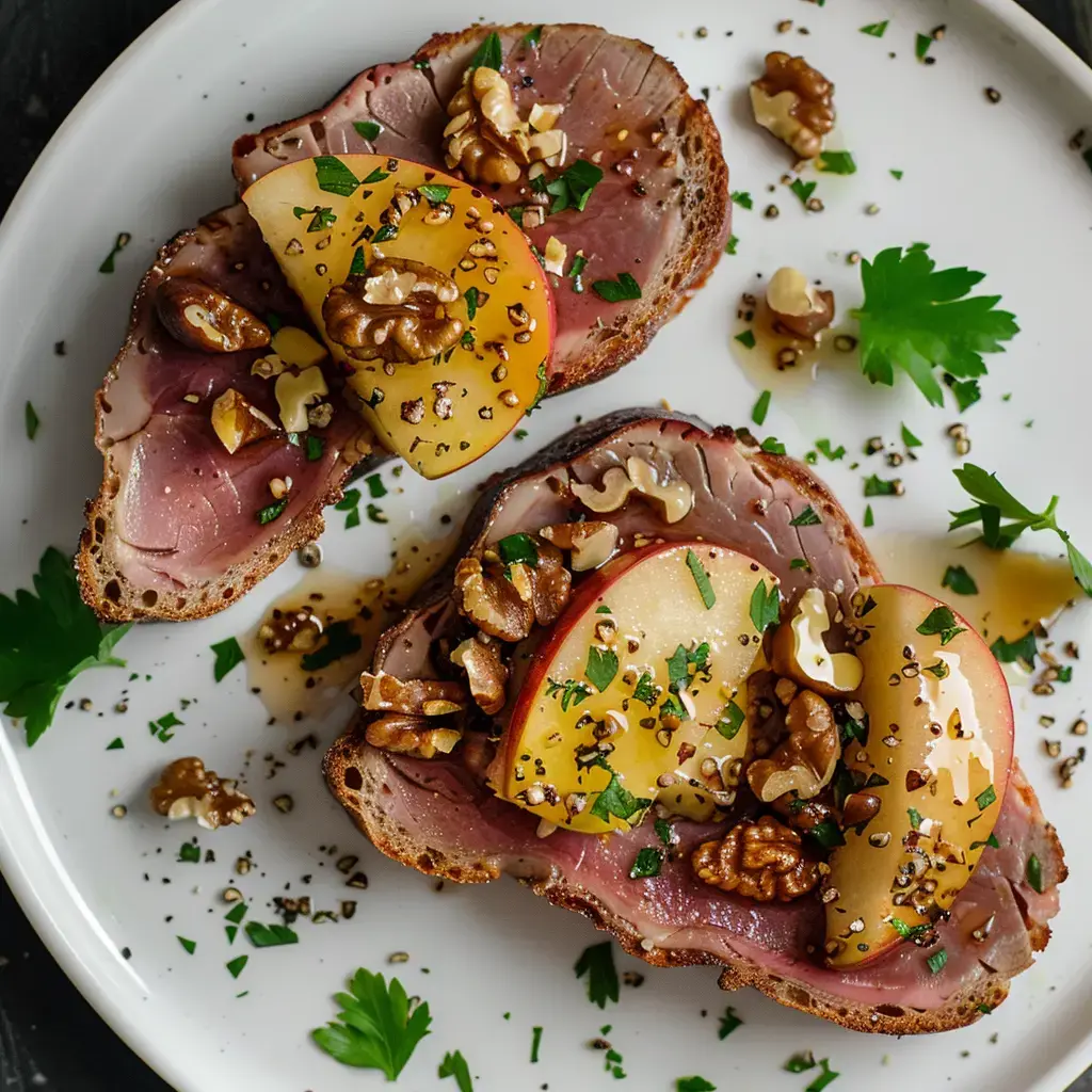 Deux tranches de pain garnies de viande, pommes, noix et herbes, servies sur une assiette blanche.