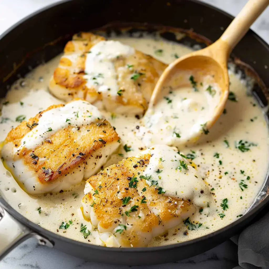 Filets de poisson cuits dans une sauce crémeuse, garnis de persil, dans une poêle en métal.