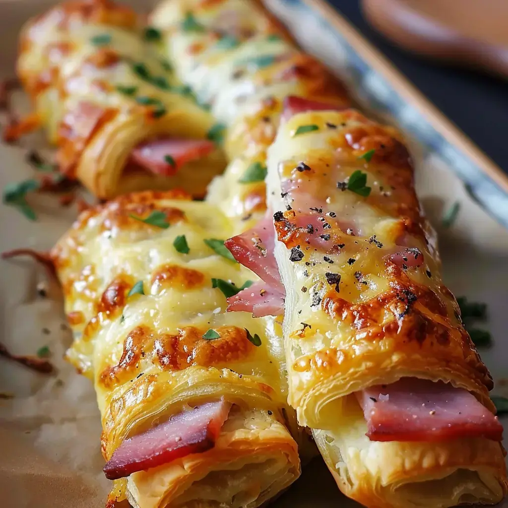 Des rouleaux de pâte feuilletée garnis de jambon et de fromage, dorés et parsemés de persil.