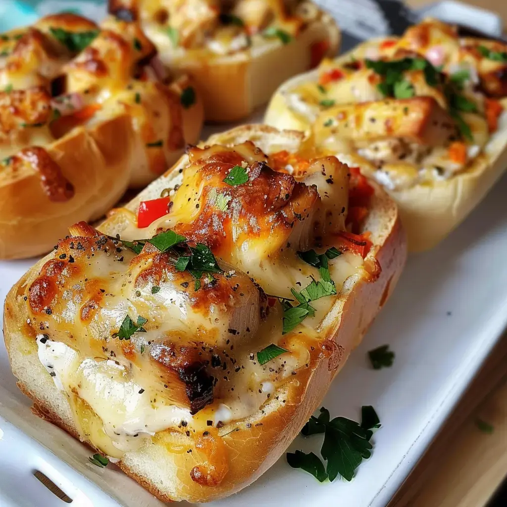 Des petits pains garnis de fromage, de poulet et de légumes colorés, accompagnés de touches de persil frais.